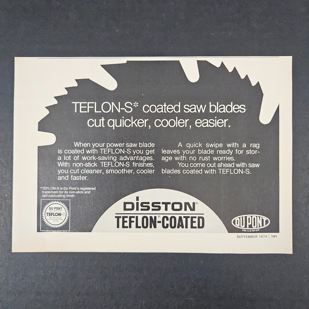1974 Disston Teflon-S-Coated Saw Blades Vintage Print‎ Ad Du Pont Shop Mancave